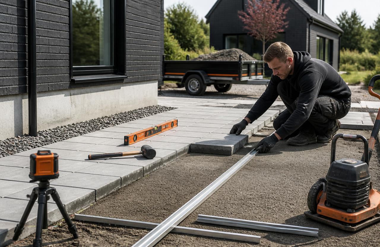 Illustration af belægning omkring et hus med laser, afretningsrør og drænende gruskant