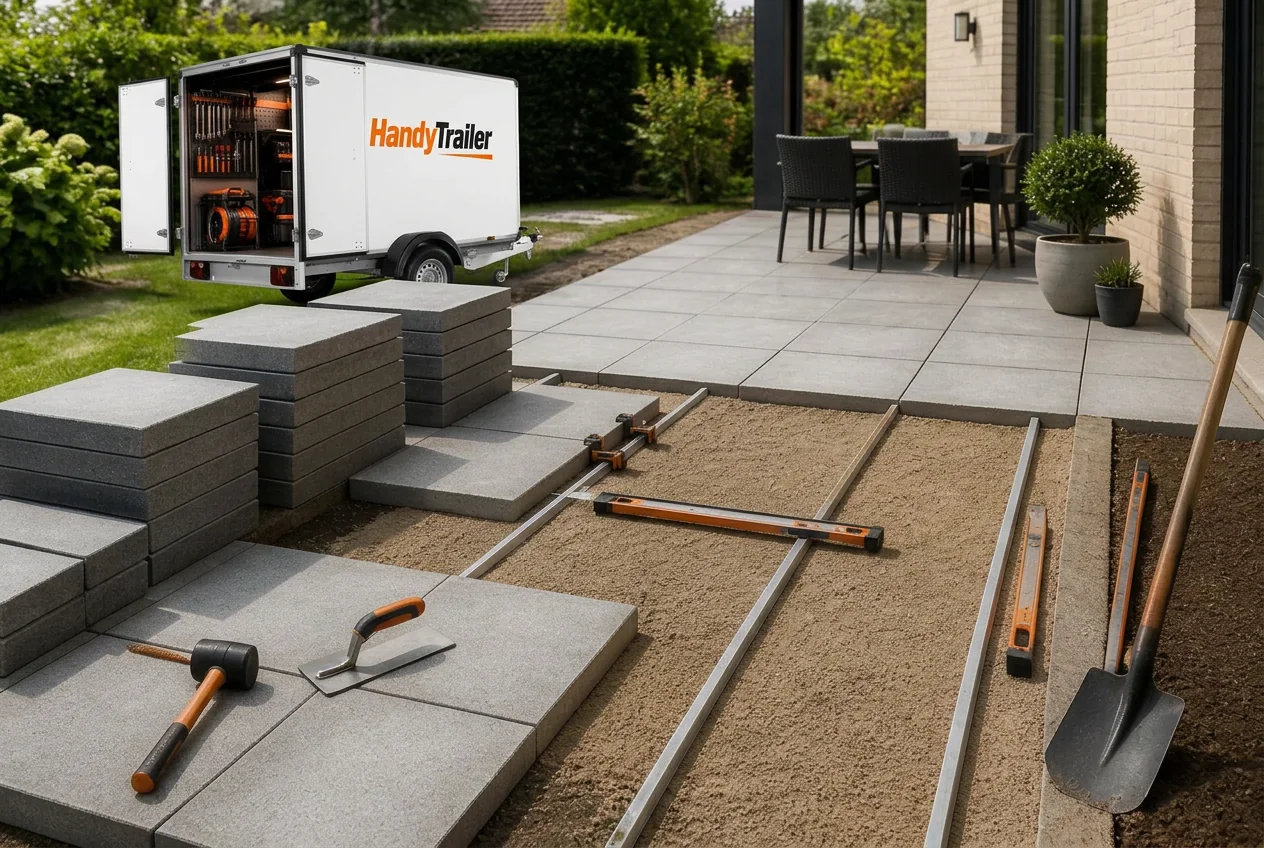 Illustration af fliseterrasse med afretningsrør, fliser og orange/sort værktøj
