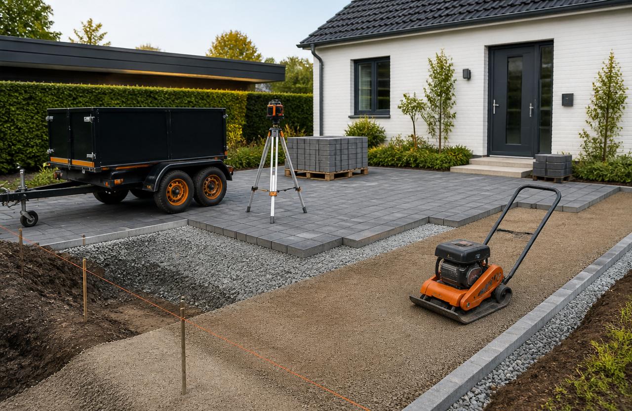 Illustration af indkørsel under opbygning med pladevibrator, laser og belægningstrailer