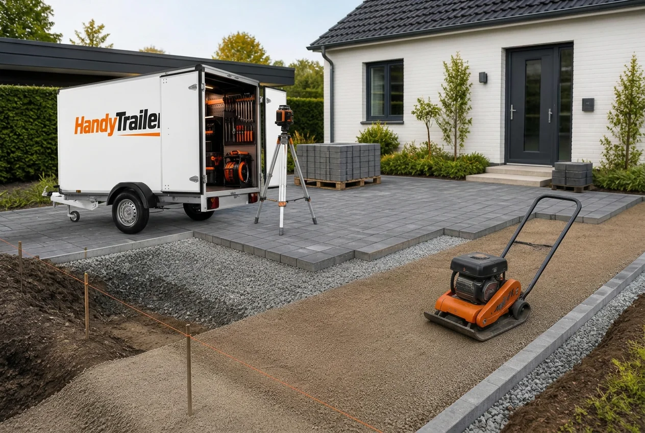 Illustration af indkørsel under opbygning med pladevibrator, afretningssæt og belægningstrailer