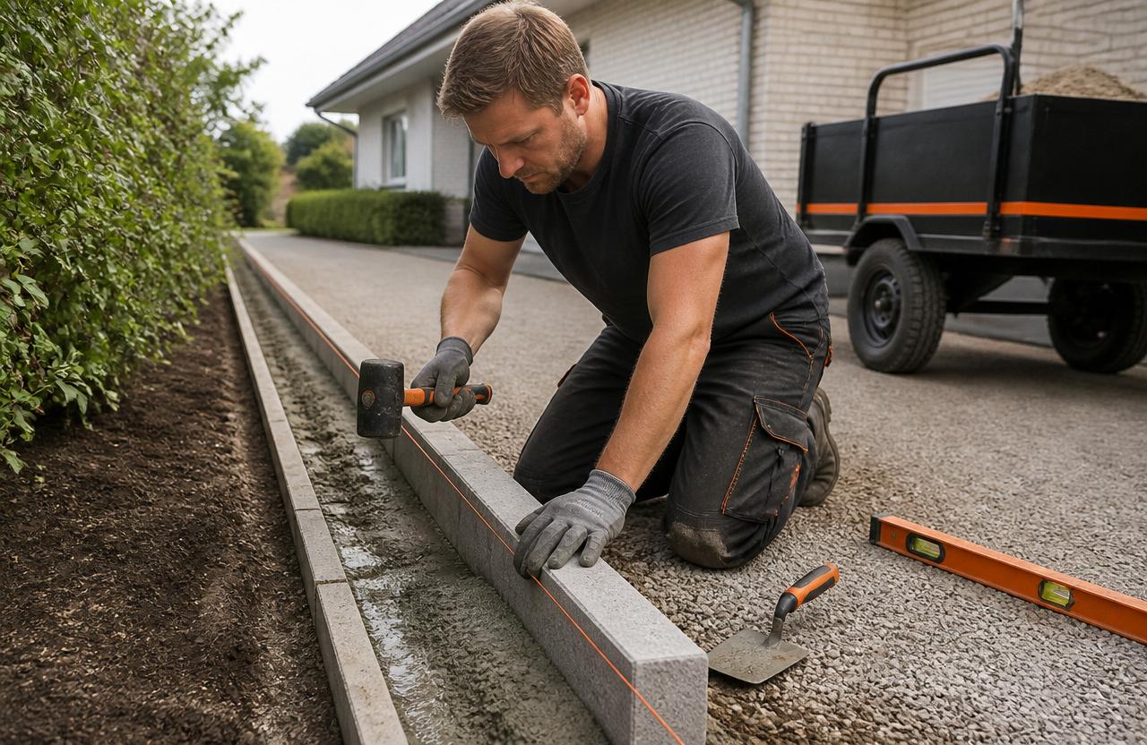Illustration af kantsten der sættes i beton med snor, vaterpas og orange/sort værktøj
