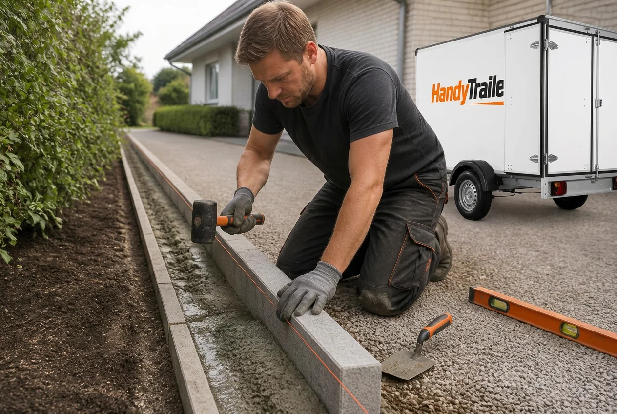 Illustration af kantsten der sættes i beton med snor, vaterpas og orange/sort værktøj